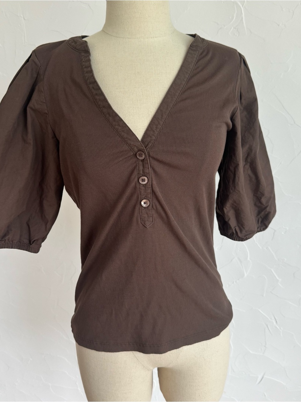 Madewell Brown Ribbed Puff Sleeve Henley Top V Neck Mixed Media Size M